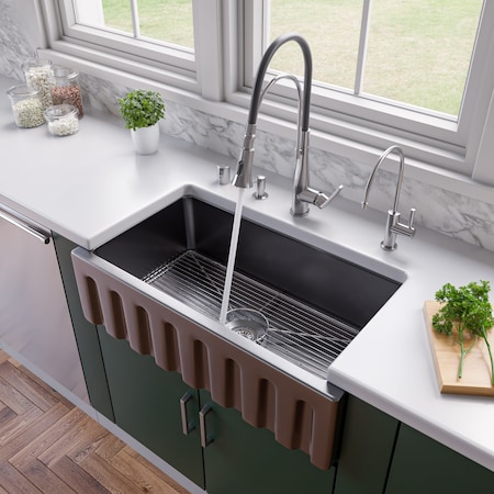 Alfi Brand Black Gloss 33" x 18" Reversible Fluted / Smooth Fireclay Farm Sink AB3318HS-BG